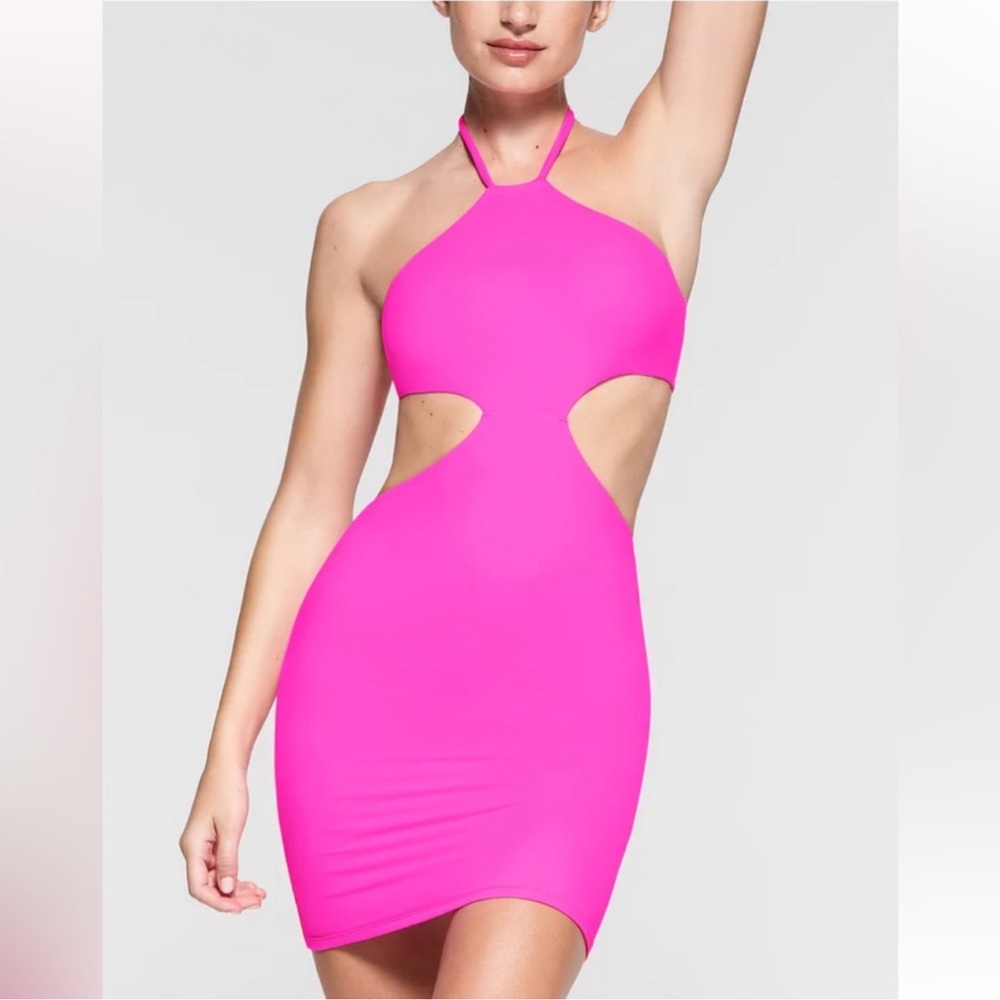 SKIMS NWT Fits Everybody Cut Out Halter Dress in Neon Pink
